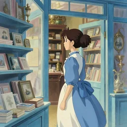 one girl in victorian dress looking around a cute antique bookstore, light prussian blue color scheme, natural lighting, intricate details, cozy atmosphere, matte painting, illustration, by hayao miyazaki