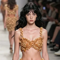 olivia wearing an outfit made from peanut butter, at new york fashion week, lush black hair, average physique, freckled pale skin, photo by greg rutkowski, stage lighting, soft colors, female beauty, intricate detail, risque fashion, elegance, 3 5 mm, depth of field, masterpiece