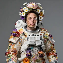 elon musk, in astronaut suit, futuristic haute couture draped in flowers and mushroom, iris van herpin, headdress with daisies and lotus, hyper detailed, ultra sharp, 8 k