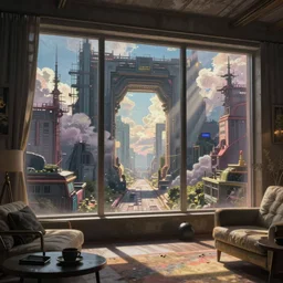 cyberpunk living room interior, windows, light rays, buildings, dystoptian, gorgeous view, depth, painted by Caspar David Friedrich, gateway, clouds, tending on artstation