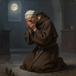 oil painting portrait of a weeping sobbing tonsured dominican monk in a brown habit, kneeling in a dark empty chapel, hazy, digital art, artstation, cinematic, moonlight, digital art painting by greg rutkowski, cozy atmosphere, cinematic lighting