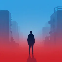 symmetrical blue and red, mysterious man looking at a distant machine in fog, vector, minimal, abstract, many details