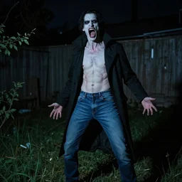 screaming, pale vampire, with jeans, in a backyard, at night, by nikolay makovsky.