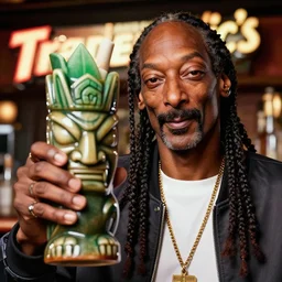 a closeup photorealistic photograph of snoop dogg at a trader vic's bar holding a tiki mug with his own face on it. brightly lit scene. this 4 k hd image is trending on artstation, featured on behance, well - rendered, extra crisp, features intricate detail, epic composition and the style of unreal engine.