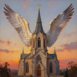 a church with wings, flapping its wings flying in sunset sky, oil on canvas, portrait, intricate, 8k highly professionally detailed, HDR, CGsociety