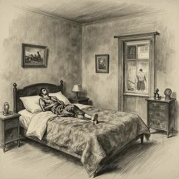 charcoal sketch by art frahm and vladimir volegov, bedroom