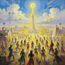 Painting of Kanna\'s army invades rosarito\'s sky, fantasy world
