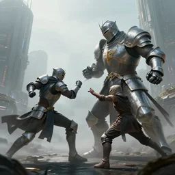 hyperrealism fantasy big knight characters fight scene concept portrait, digital art, wallpaper of an fantasy fight, background of sci fi city in fog, diffused lighting, 8 k dop hdr