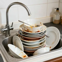 the pile of dirty dishes in the sink, in style of surrealism, 4k ultra details, hyper realism,