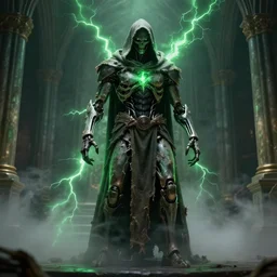 character design, biomechanical arcanist in church, tattered robe and hood, green lightning, fog, scary, arrogant, hostile, photorealistic, cinematic, hyper realistic, octane render, 8 k, full shot