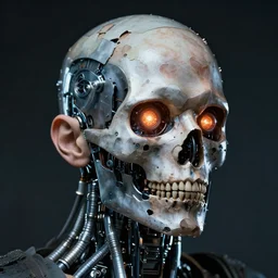 a man's face peeling away to reveal android metal skull with blinking lights and pneumatic tubes. production photograph from horror film.