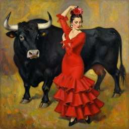 highly detailed painting of flamenco dancer wearing a red dress with flowers in her hair standing next to a bull by tamara de lempicka