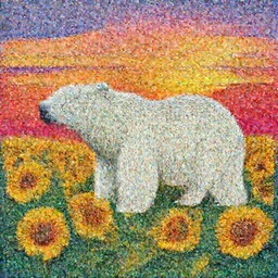 Impasto painting of a polar bear in a field of sunflowers over a sunset, ayahuasca