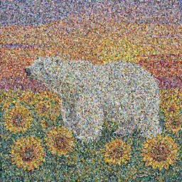 Impasto painting of a polar bear in a field of sunflowers over a sunset, ayahuasca