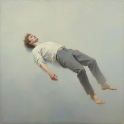 man floating in air in a void, oil painting, pale colors, high detail, 8 k, wide angle, trending on artstation,