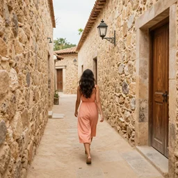 A photograph of a Colombian woman in a peach dress, walking away from camera, down a narrow sandstone alley with rough-hewn sandstone building either side, and a varnished wooden door on the right. Ahead is a lantern, attached to the right wall. Late afternoon on a sunny day. 4K 50mm f/1.4