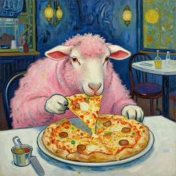 A painting of a pink sheep eating pizza at a fancy restaurant by Van Gogh