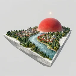 view from the side, a colossal platform of white marble with a tilted part on which rivers flow and artificial forests grow, the platform hangs in an empty space, the platform is covered by a reddish dome with an artificial atmosphere and illuminated by a compact artificial star, on the platform are cities and settlements, the higher on the river the more poppy and more developed settlements, in style of theo prins artstation