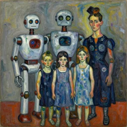 a painting of a robot family portrait by graham sutherland, egon schiele, basquiat, neo - expressionism