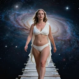 film still of curvy natalie portman, focus - on - facial - detail!!!!!!, walking on an invisible bridge, similar to the bifrost, toward an endless abyss in space, wearing a white flowy bikini inspired by ancient roman clothing, beautiful astronomical background with galaxies and nebulas, lack of sunlight, darkness of space, focus on facial detail, 8 k resolution, cinematic lighting, anatomically correct, by christopher nolan