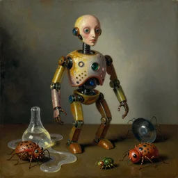 strange fragile robot body, disturbing colorful oil painting dutch golden age vanitas still life sparse composition with bizarre objects strange gooey transparent surfaces shiny metal reflections bizarre mutant meat insects rachel ruysch dali todd schorr very detailed perfect composition rule of thirds masterpiece canon 5 0 mm, cinematic lighting, photography, retro, film, kodachrome