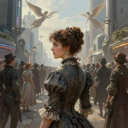 portrait of a victorian lady within a crowd of people in a futuristic city, from behind, streets, angels in the sky, beautiful, solarpunk!!!, highly detailed, digital painting