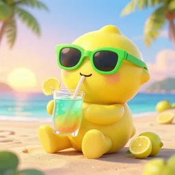 3 d octane render, cute chibi lemon character sipping on a delicious caribbean drink, wearing green sunglasses relaxing on a tropical beach at sunrise, pixar still