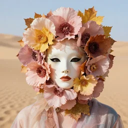 humanoid in wild flower mask, autumn, perfect face, sharp focus, directed gaze, haute couture, editorial photoshoot, pastel colors, vivid, fashion photography, cinematic lightning, sand dunes, portrait photography, 8 k hd in the style of zdzisław beksinski