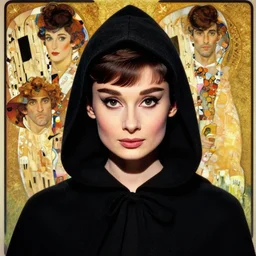 head and shoulders portrait of an assassin in a black hooded cloak portrayed by young audrey hepburn, d & d, fantasy,! dream head and shoulders portrait of an assassin in a black hooded cloak portrayed by young sarah michelle gellar, d & d, fantasy, luis royo, magali villeneuve, donato giancola, wlop, krenz cushart, hans zatka, klimt, alphonse mucha