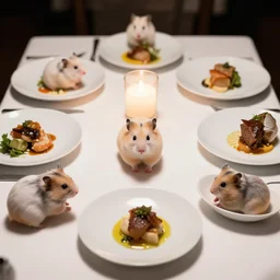 photo of a hamster various michelin dishes, at night, candlelit restaurant table, various poses, unedited, soft light, centered, sharp focus, 8 k