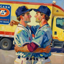 “two modern baseball players lovingly embracing at a truck stop as painted by Alfons Mucha, Albert Bierstadt, and Jean-Honoré Fragonard, colorful impasto”