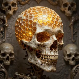 undead god, honeycomb structure head, skull wall background, intricate detail, high precision, glowing light, whealan, royo,