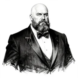 a bald bearded burly man in a tuxedo, character portrait, ink drawing, black and white, concept art by tim bradstreet