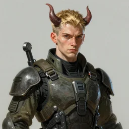 Portrait of a devil by Greg Rutkowski, he is about 20 years old, norwegian, short blond hair, young, manly, attractive, strong, older brother vibes, he is wearing futuristic military fatigues, highly detailed portrait, scifi, digital painting, artstation, concept art, smooth, sharp foccus ilustration, Artstation HQ