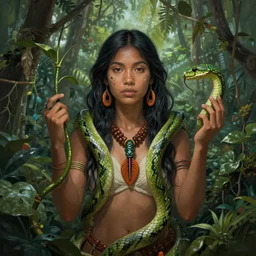 ayahuasca vine plant spirit as a beautiful indigenous woman in the jungle with green snake skin, beautiful composition, matte painting, by christophe vacher, trending on artstation