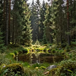 a beautiful clearing with a small pond in a spruce forest, surrounded by a thick layer of pine trees, illuminated by godrays, professional digital art, trending on artstation, extremely detailed, high quality, sharp, 4 k resolution