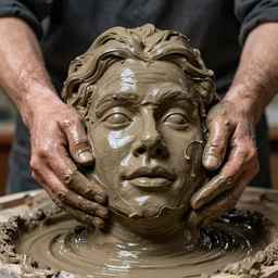 a pile of extremely wet and barely moldable clay has been squished into the form of a human face, the artist is squishing his work in his hands, and the clay is looking hilarious like a face being squished