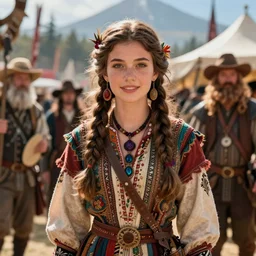 detailed ultrarealistic photography front medium shot of dnd fantasy festival ethnic rustic emma girl warrior leyendecker, norman rockwell, greg rutkowski, jim henson artstation cinematic, vray game of thrones, lord of the rings mad max waterworld