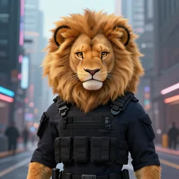 beautiful furry art portrait commission of a female furry anthro lion fursona wearing a tactical swat uniform in the streets of a cyberpunk city at night in the snow. neon light. character design by charlie bowater, ross tran, artgerm, and makoto shinkai, detailed, inked, western comic book art