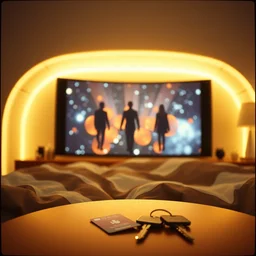 3 d floating people dream popping out of curved movie screen, volumetric lighting, bedroom, sleeping, pair of keycards on table, bokeh, thin glowing dot, creterion collection, shot on 7 0 mm, instax