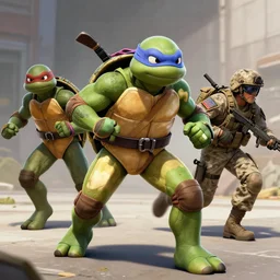 ninja turtles escape and two military ( american uniform ) ran to sound the alarm and all the turtles began to descend the water slides, 4 k,