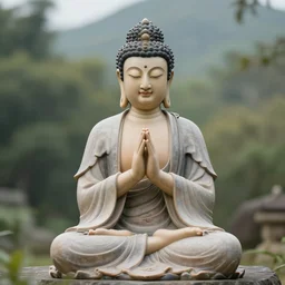 contented peaceful female buddha, praying meditating, in a scenic environment, portrait photograph by peter coulson