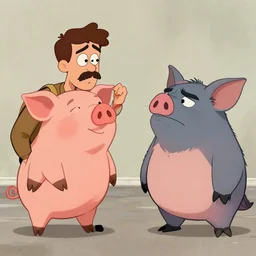italian man being shamed by a pig and a gremling, cartoon