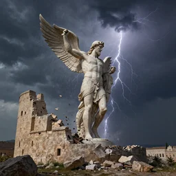 the colossus of rhodes breaking apart during a thunderstorm ,Wadim Kashin, behance,  8k featured in artstation, octane render, cinematic, elegant