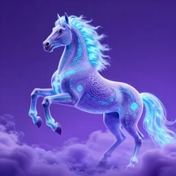 a stunning horse with bioluminescent mane and tail rearing up in the clouds by sandra chevrier and greg rutkowski, purple blue color scheme, celtic neon runes, vaporware, retro, outrun, high key lighting, volumetric light, digital art, highly detailed, fine detail, intricate, ornate, complex, octane render, unreal engine, photorealistic