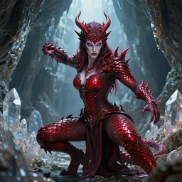 aasimar sorcerer, combat pose, draconic bloodline, red scales, bright blue eyes, ornate, very detailed, soft, crystal cave, 1 6 k, octane render, ross tran, greg rutkowski, magali villeneuve, ayami kojima