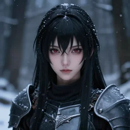 focus face portrait of beautiful darkness 3 d anime gir as knight, dark forest background, snowing, bokeh, inspired by masami kurumada, digital painting