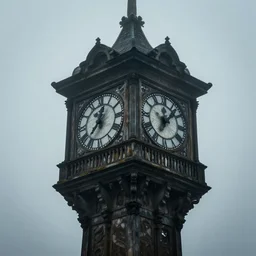 detailed photograph of intricate old clock tower jutting out box bay windows abandoned spooky misty ominous well defined