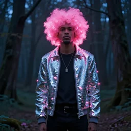 man with glowing pink afro wearing disco jacket, standing in atmospheric spring forest at night, photoshop digital painting, best of artstation 4 k