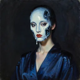 hyperrealism oil painting, complete darkness, close - up portrait of fashion model, looking at melting cyborg face, fully clothes in dark blue reflect robe, in style of classicism mixed with 8 0 s sci - fi japanese books art